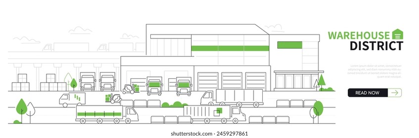 Barrio de almacén - Anuncio de Vector de diseño de línea delgada moderna sobre fondo urbano blanco. Composición con camiones estacionados y en movimiento. Idea de logística, entrega, larga distancia y transporte de carga