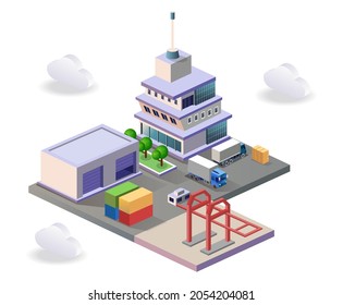 Warehouse in domestic port between countries in isometry illustration