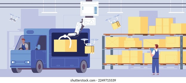 Lagertrone. Automated Warehouse Innovations-Technologie Roboter-Drohnen für das Entladen von Fracht-Versand Vierkoppel-Lieferwaren und Fracht, prächtige Vektorgrafik der Lagerlogistik