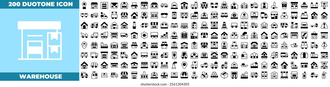 Warehouse Duotone Editable Icons set. Vector illustration in modern thin duotone style of warehouse icons: Containing warehouse, database, box, inventory, container, shelf, etc