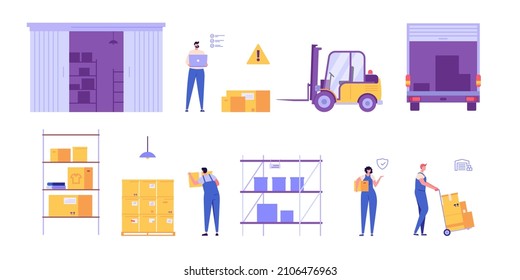 Warehouse elements and characters collection. Shelf with package boxes, loader and forklift, delivery service. Set of warehouse interior, global logistic industry, warehouse transport and workers