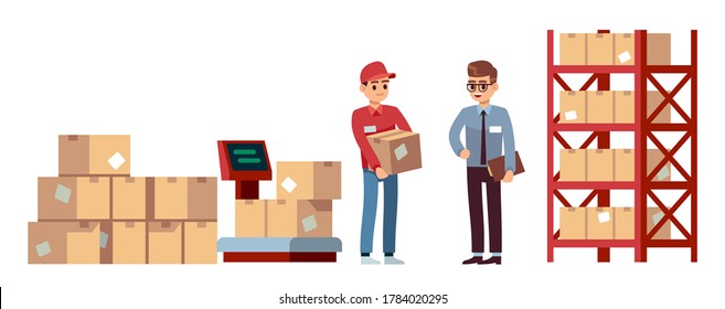 Warehouse elements. Operations, acceptance and goods moving, beige cardboard closed box stuck on wooden pallets, men on cargo storage, industry shipment flat vector cartoon set