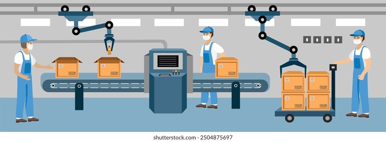 Illustration für Lagermitarbeiter. Lagerautomatisierung, Vektorgrafik. Lagersteuerung. Intelligente Industrie. Moderne Technologie. Digitale Fertigung. Intelligente Fabriktechnologie. Fortgeschrittene Fertigung