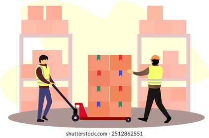 a warehouse employee pulls a load of logistics at the goods warehouse, Manual Hand Fork Lifter, Forklift Manual Logistics vector illustration, industry and manufacture