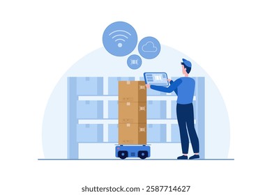 A warehouse employee tracks real time inventory using a digital dashboard, ensuring efficient stock management and logistics accuracy. 