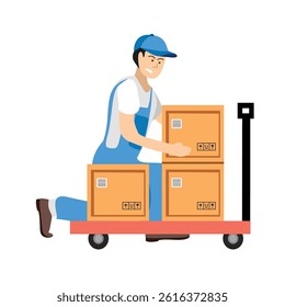 Warehouse employees. Industrial workers. Factory labor. Hand pallet illustration. Distribution. Warehouse operator.
