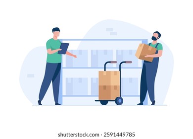 Warehouse employees organizing and managing inventory using a clipboard and hand truck. Efficient warehouse operations are essential for logistics, supply chain management, and e-commerce fulfillment.