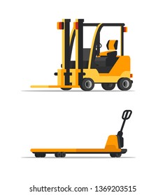 Warehouse empty forklifts flat illustrations set. Yellow mechanical loader isolated vector clipart. Cartoon storehouse, mall professional machinery, equipment. Distribution, logistics, shipment