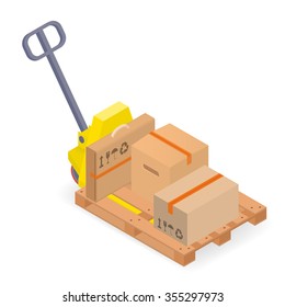 Warehouse equipment - a pallet truck with pallet and cardboard boxes
