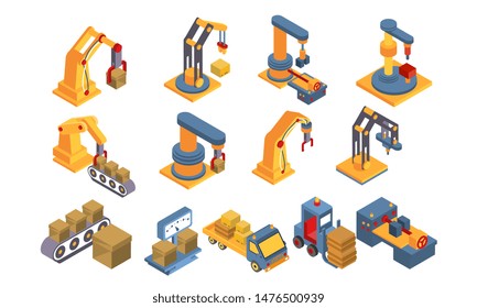 Warehouse Equipment Set, Delivery and Cargo Transportation, Iintelligent Manufacturing, Robotic Arms Vector Illustration