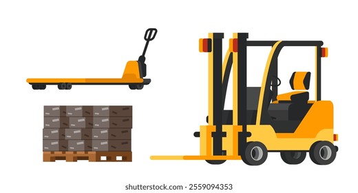 Warehouse equipment vector illustration set. Cartoon forklift , pallets with carton boxes. Logistics machinery collection isolated on transparent background.