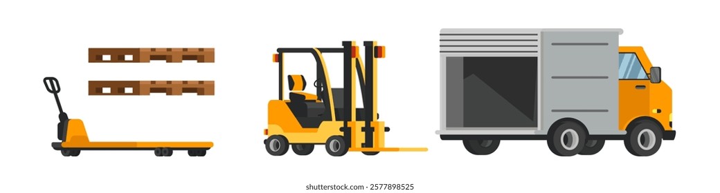 Warehouse equipment vector illustration set. Cartoon truck, forklift , pallets, rack icons. Logistics machinery collection isolated on transparent background.