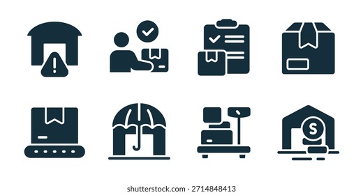 Ausgezeichnete Icon-Sammlung im Lager. Warnungslagersatz, verifizierter Arbeiter, Bestandsprüfliste, Paketbox, Transportpaket, geschützter Speicher, Ladeplattform, sichere Lagersymbole