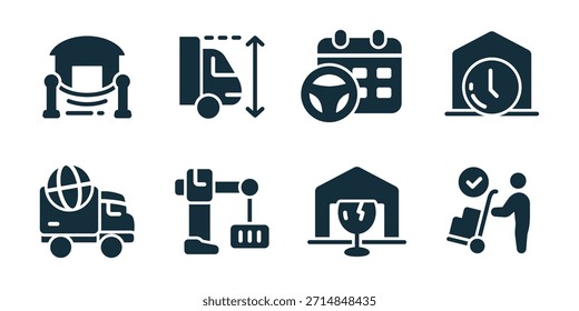 Ausgezeichnete Icon-Sammlung im Lager. Satz von Lagergebäude, Ladung LKW-Größe, Lieferkalender, Lagerzeit, globale Versand LKW, Roboter-Lader, fragile Lagerung, Kurier Lieferung Symbole