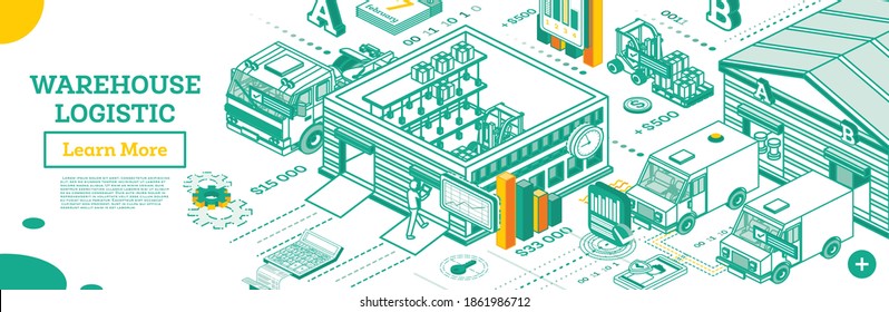 Warehouse Exterior. Isometric Outline Concept with Storehouse Buildings. Warehouse Logistics System. Loading of Delivery Trucks. Infographics with Staff. Shelves with Goods. Vector Illustration.