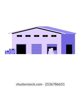 Warehouse Exterior With Open Doors In Flat Vector Illustration Symbolizing Storage, Logistics, And Distribution, Isolated On White Background.