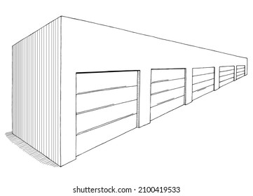 Warehouse exterior storage building front view graphic black white isolated sketch illustration vector 