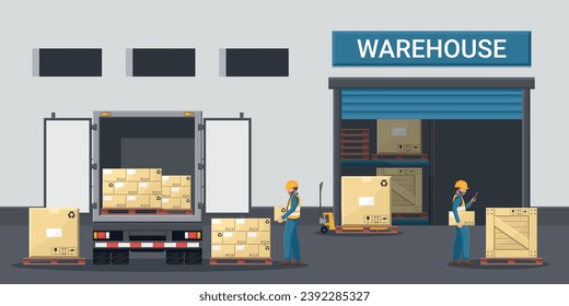 Warehouse exterior with workers loading merchandise into a refrigerated truck. Cargo and shipping logistics. Industrial storage and distribution of products