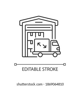 Warehouse facilities linear icon. Freight trucking business, commercial shipping services thin line customizable illustration. Contour symbol. Vector isolated outline drawing. Editable stroke