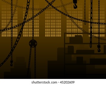 Warehouse or factory background with chains and crates