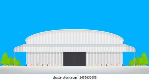 warehouse factory front view isolated on blue, logistic storehouse of factory empty floor outside, warehouse factory building with concrete floor for industry background, storehouse for infographics