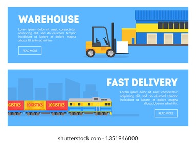 Warehouse, Fast Delivery Banners Set, Commercial Shipping Transportation, Cargo Tracking Service Vector Illustration