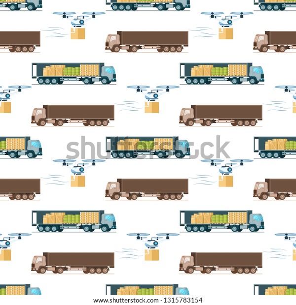 Warehouse Fast Delivery Item Seamless\
Pattern. Open and Close Storage Express Shipping Truck, Automatic\
Flying Air Drone Carring Package. Transport on Wallpaper. Flat\
Cartoon Vector\
Illustration