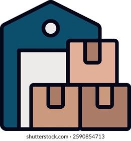 Warehouse Filled Line Icon for Storage and Logistics. Inventory facility symbol, supply chain management illustration, storage unit vector