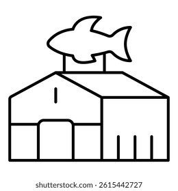 Warehouse and fish thin line icon, fishery production concept. Vector graphics. House storage, distrubution sign on white background, linear style for mobile or design