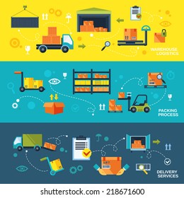 Warehouse flat banners set of logistics packing process delivery services isolated vector illustration