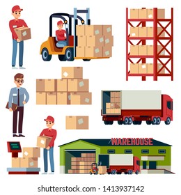 Warehouse flat elements. Logistic transportation and forklift, delivery cargo truck. Loader with boxes distribution isolated vector cartoon set