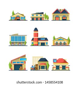 Warehouse. Flat facade buildings of store or factory warehouse exterior house vector illustrations. Collection of warehouse architecture, wholesale warehousing