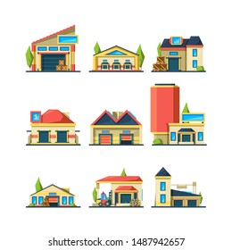 Warehouse flat. Industrial buildings empty construction factory vector houses for packages and different items