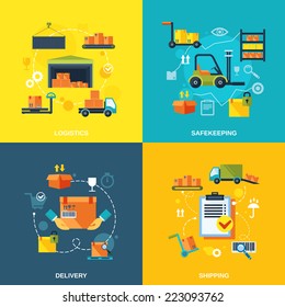 Warehouse flat set of logistics safekeeping delivery shipping isolated vector illustration