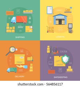 Warehouse flat set of logistics service, safekeeping, quality delivery, shipping isolated vector illustration