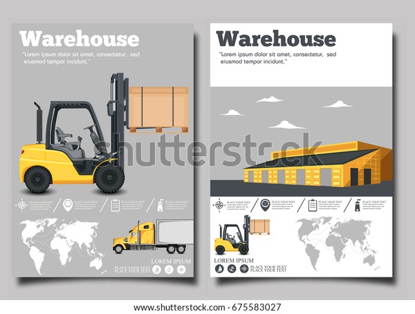 Warehouse
flyer set with forklift truck vector illustration. Cargo logistics
and delivery transportation. Yellow forklift truck with box,
storehouse building, local or global
shipment.