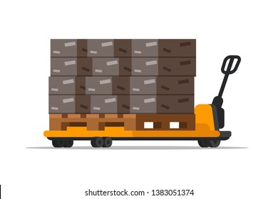 Warehouse forklift with boxes flat illustration. Yellow mechanical loader isolated vector clipart. Cartoon storehouse, mall professional machinery, equipment. Distribution, logistics, shipment