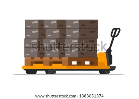 Warehouse forklift with boxes flat illustration. Yellow mechanical loader isolated vector clipart. Cartoon storehouse, mall professional machinery, equipment. Distribution, logistics, shipment