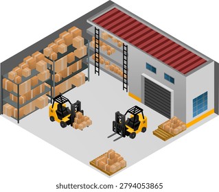 A warehouse forklift cargo box pallet shelf storage industry isometric building warehouse forklift cargo box pallet shelf storage industry isometric scene with loading area, metal rack, red roof