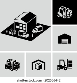 Warehouse forklift delivery truck vector icons