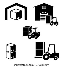 Warehouse and forklift delivery truck vector icons