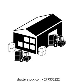 Warehouse and forklift delivery truck vector icons