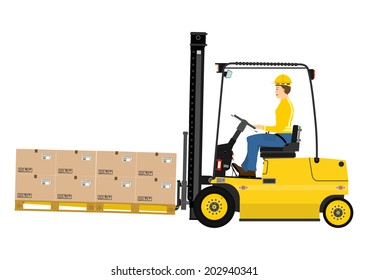 Warehouse forklift with fork extensions on a white background. Vector 