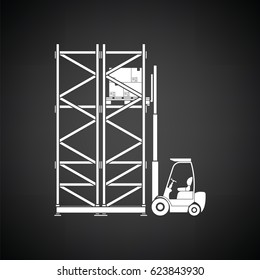 Warehouse forklift icon. Black background with white. Vector illustration.