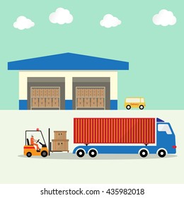 warehouse with forklift loading goods boxes pallet to container truck