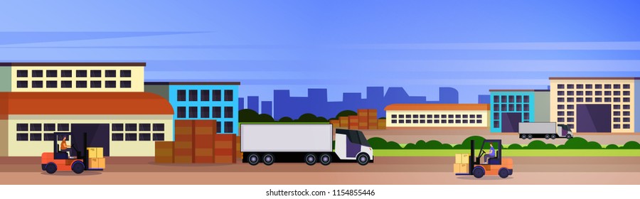warehouse forklift loading semi trailer industrial cargo freight outdoor international delivery concept flat horizontal banner vector illustration