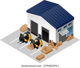 A warehouse forklift pallet box building loading dock cargo industrial isometric warehouse exterior with blue roof, loading dock, two forklifts, pallet stack, cardboard box, concrete yard