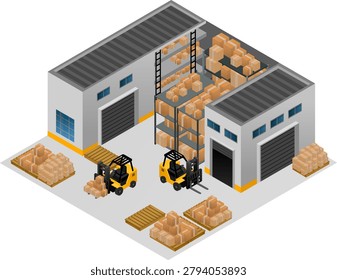 A warehouse forklift pallet box storage industry isometric logistics building cargo with organized package stack loading area rack and transport equipment