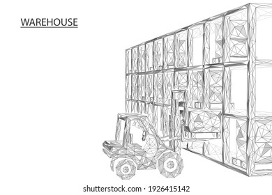 Warehouse. A forklift truck sorts and stacks boxes of goods. Polygonal drawing of thin lines.