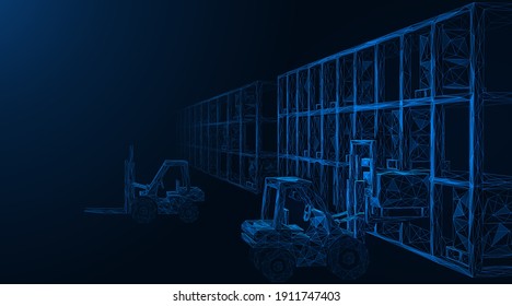 Warehouse. Forklift trucks sort and stack boxes of goods. Polygonal construction of thin lines. Blue background.